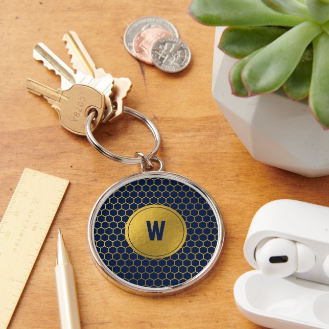 Porte-clés Motif Hexagon bleu marine Monogramme initial (Bureau)