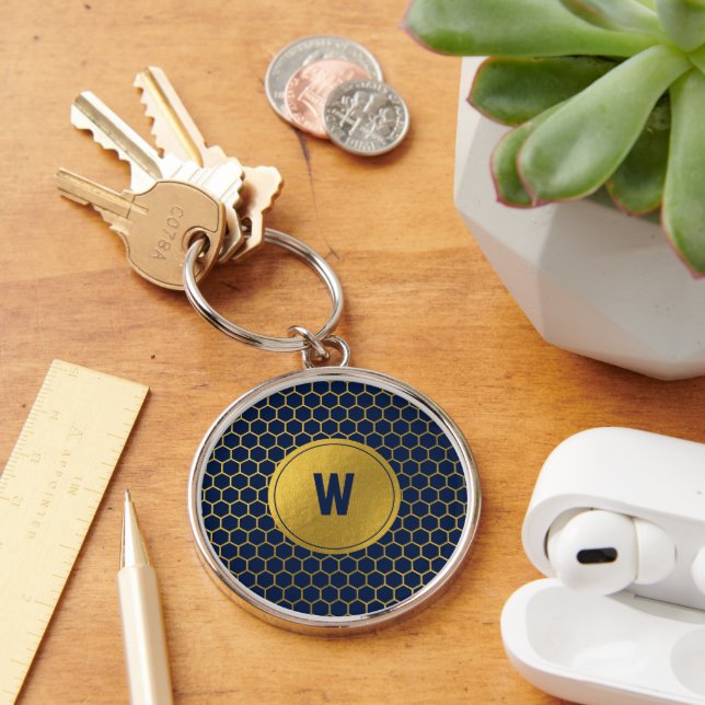 Porte-clés Motif Hexagon bleu marine Monogramme initial (Bureau)