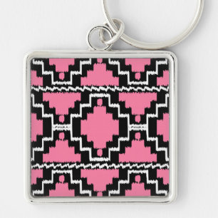 Porte-clés Motif Ikat Aztec - Fuchsia rose, noir et blanc