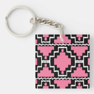 Porte-clés Motif Ikat Aztec - Fuchsia rose, noir et blanc