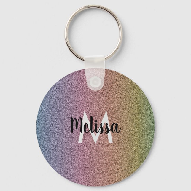 Porte-clés Motif initial de faux paillettes arc-en-ciel  (Recto)