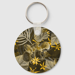 Porte-clés Motif jaune-brun fleuri à l'aquarelle.