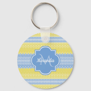 Porte-clés Motif Knit jaune et bleu clair avec Monogramme