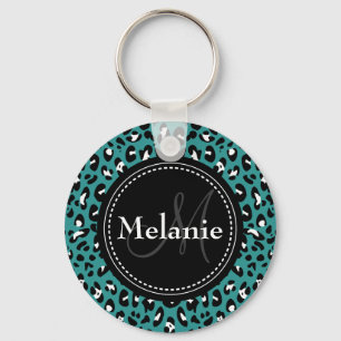 Porte-clés Motif Léopard noir Turquoise monogramme