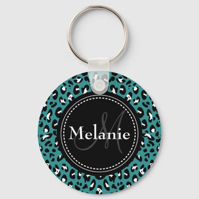 Porte-clés Motif Léopard noir Turquoise monogramme (Recto)