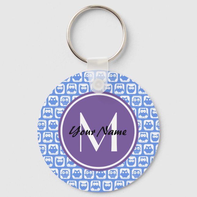 Porte-clés Motif Lilac Monogram Blue and White Owl (Recto)