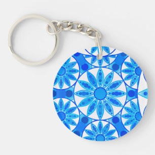 Porte-clés Motif mandala, cobalt, turquoise et blanc