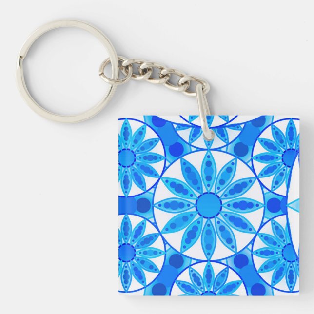 Porte-clés Motif mandala, cobalt, turquoise et blanc (Devant)
