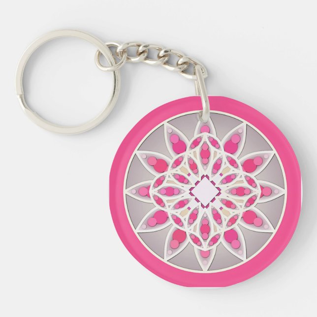 Porte-clés Motif mandala en rose fuchsia, blanc et gris (Devant)