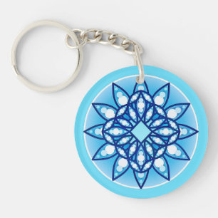 Porte-clés Motif mandala en turquoise, cobalt et blanc