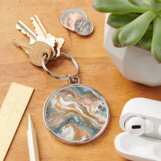 Porte-clés Motif Marbre Orange Pêche Bleu Turquoise Blanc Or (Bureau)