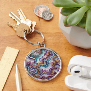 Porte-clés Motif marbre violet améthyste sarcelle bleu or