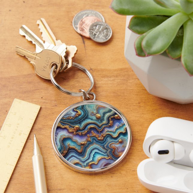 Porte-clés Motif marbre violet améthyste sarcelle bleu or (Bureau)