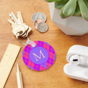 Porte-clés Motif monogramme argyle rose et bleu vif