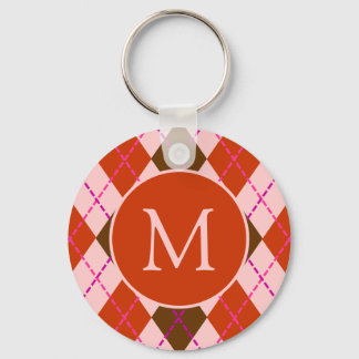 Porte-clés Motif monogramme argyle rouge rose et marron