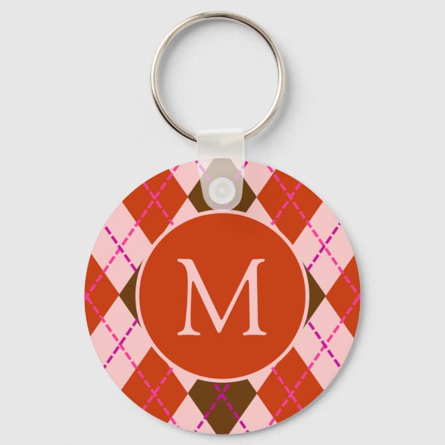 Porte-clés Motif monogramme argyle rouge rose et marron (Recto)