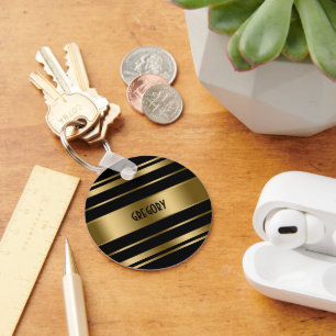 Porte-clés Motif Monogramme Gold & Black Stripes