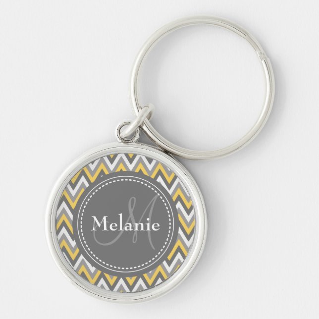 Porte-clés Motif Monogramme Jaune et Gris Chevron (Devant)