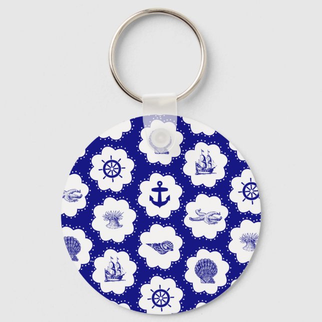 Porte-clés Motif nautique bleu et blanc (Recto)