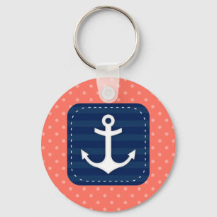 Porte-clés Motif Nautique Coral Polka Ancre Bleue Marine