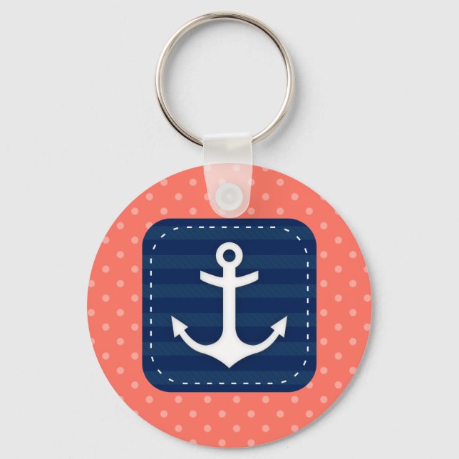 Porte-clés Motif Nautique Coral Polka Ancre Bleue Marine (Recto)