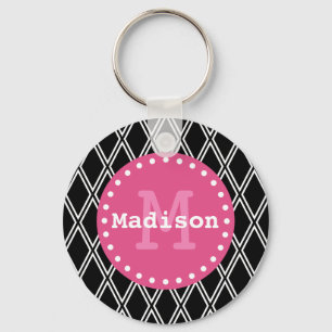 Porte-clés Motif noir blanc rose diamant Monogramme