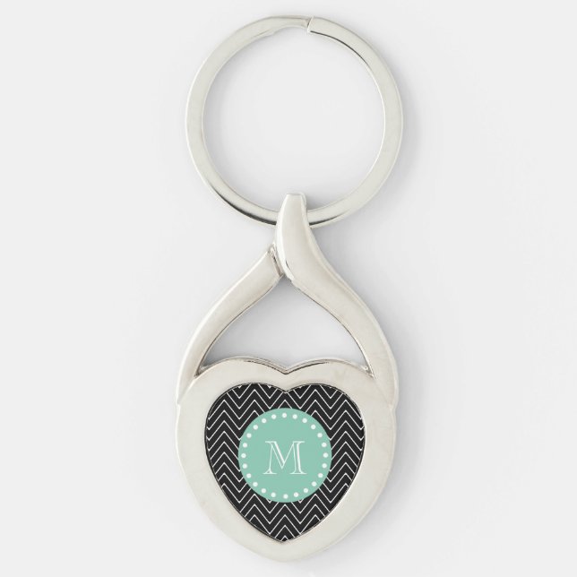 Porte-clés Motif noir Chevron | Monogramme vert à la menthe (Devant)