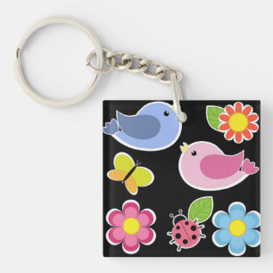 PORTE-CLÉS MOTIF OISEAUX ET FLEURS