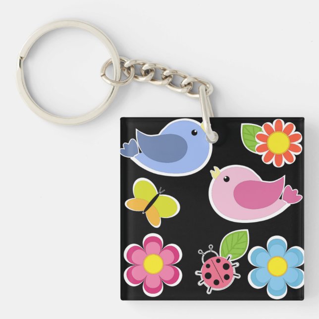 PORTE-CLÉS MOTIF OISEAUX ET FLEURS (Devant)
