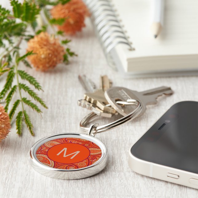 Porte-clés Motif Paisley Orange Orné Monogramme (Côté)