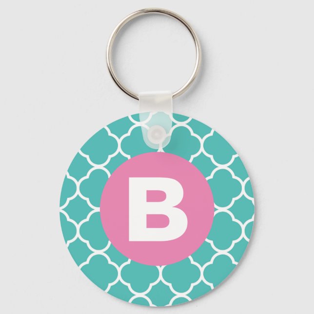 Porte-clés Motif Quatrefeuille Sarcelle Monogramme Rose Perso (Recto)