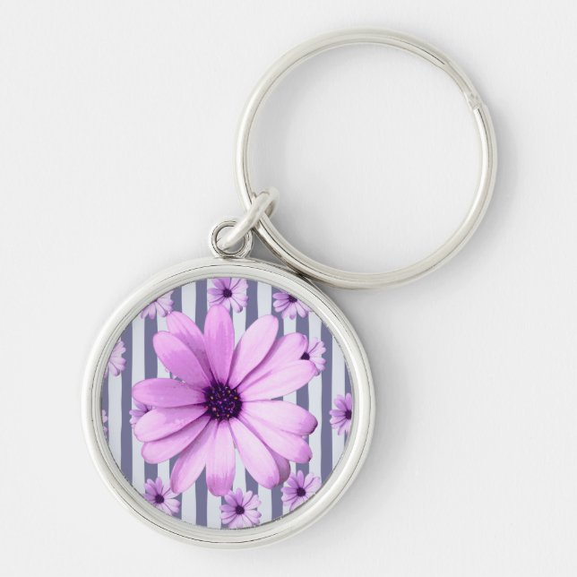 Porte-clés motif rayé avec marguerites violettes (Devant)