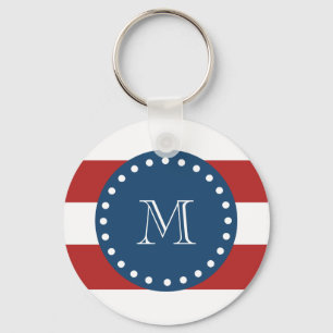 Porte-clés Motif Red White Stripes, Monogramme bleu marine