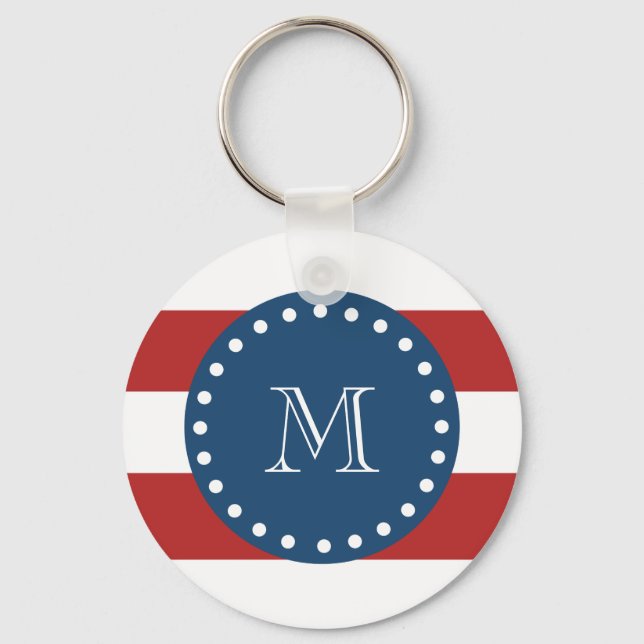 Porte-clés Motif Red White Stripes, Monogramme bleu marine (Recto)