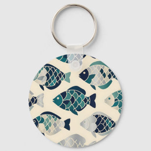 Porte-clés Motif répétitif de poissons stylisés bleu sarcelle