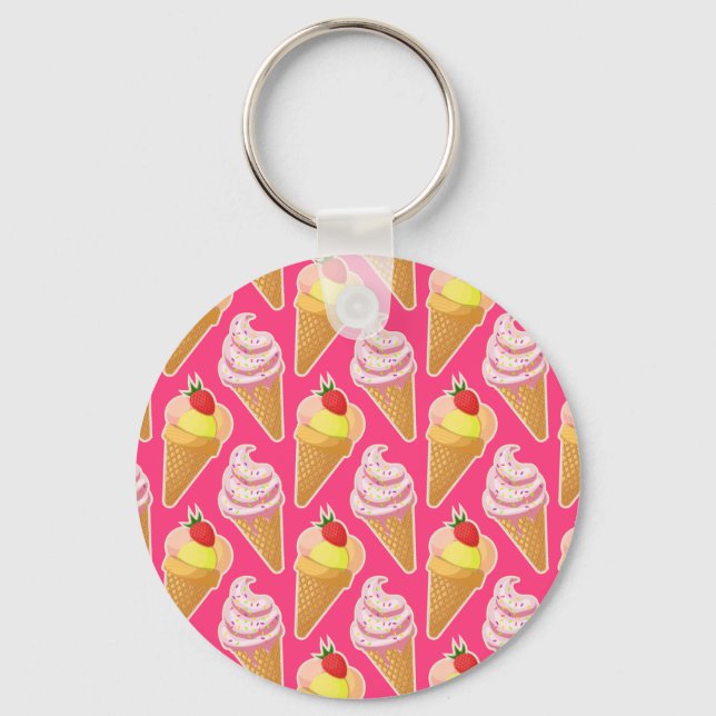 Porte-clés Motif rose Kawaii avec crème glacée aux fraises (Recto)