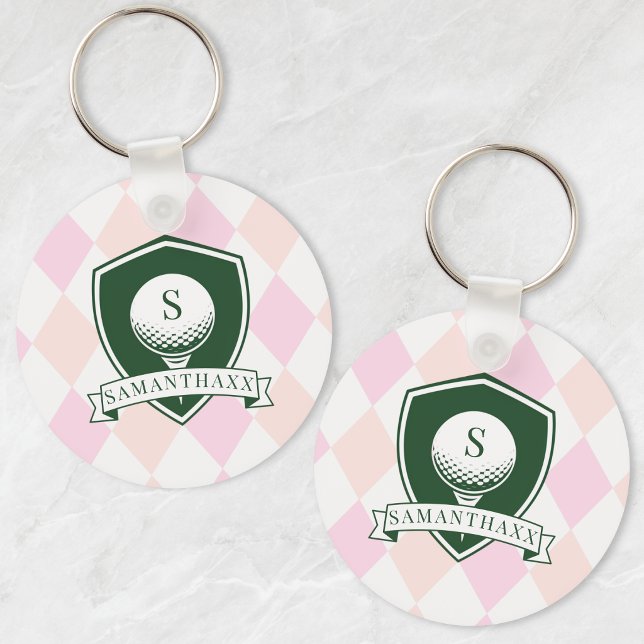 Porte-clés Motif Rose Moderne Monogramme Initial de Nom Golf (Modern Pink Pattern Name Initial Monogram Golf Keychain)