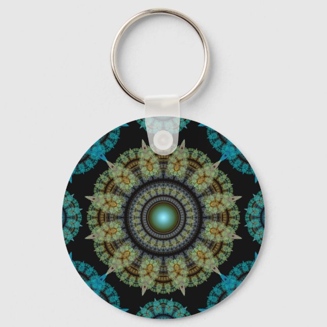 Porte-clés Motif sacré bleu vert fractal (Recto)