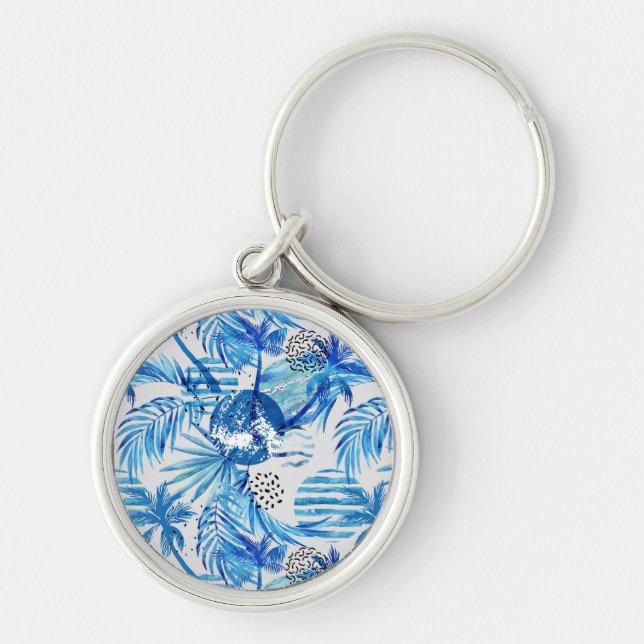 Porte-clés Motif tropical bleu lumineux d'aquarelle (Devant)