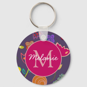 Porte-clés Motif tulipe funky violet personnalisé monogramme