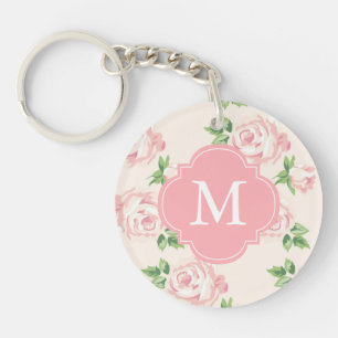 Porte-clés Motif vintage rose de roses décoré d'un monogram