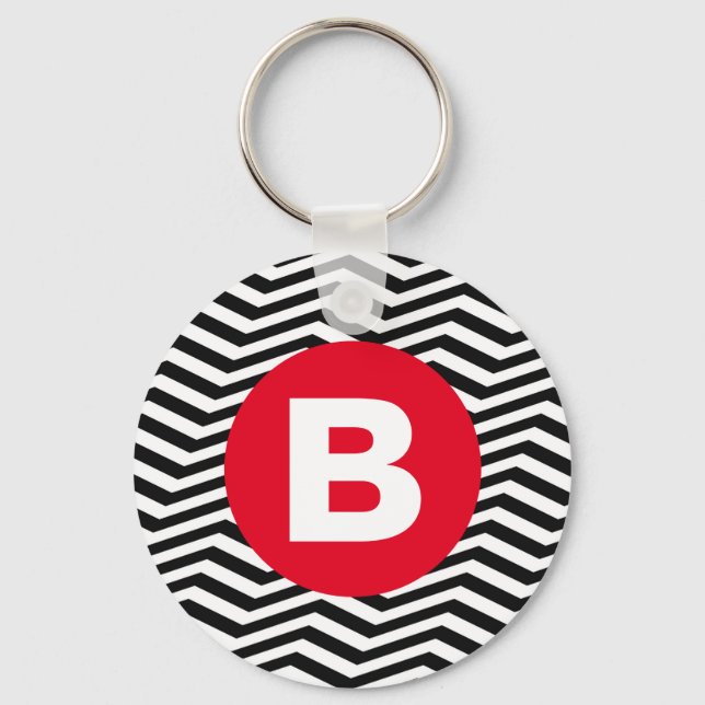 Porte-clés Motif Zig Zag Noir et Blanc Monogramme Rouge (Recto)