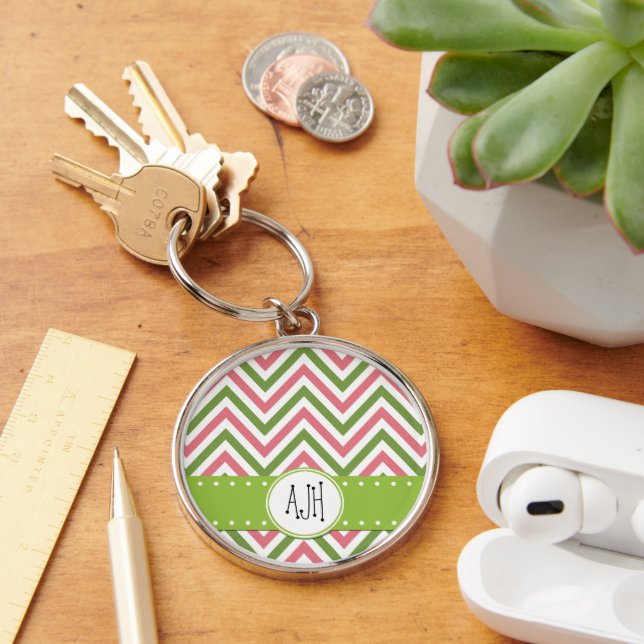 Porte-clés Motif Zigzag, Chevron, Rose, Vert, Monogramme (Bureau)
