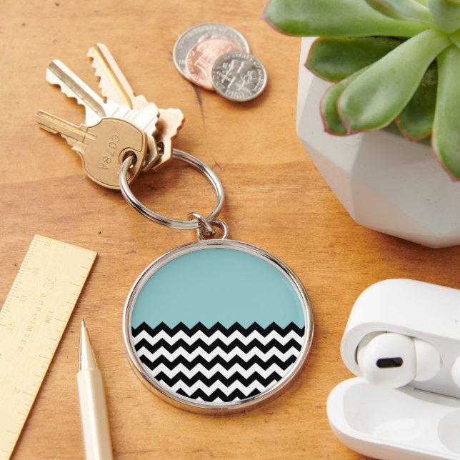 Porte-clés Motif Zigzag noir et blanc, Chevron, Bleu (Bureau)