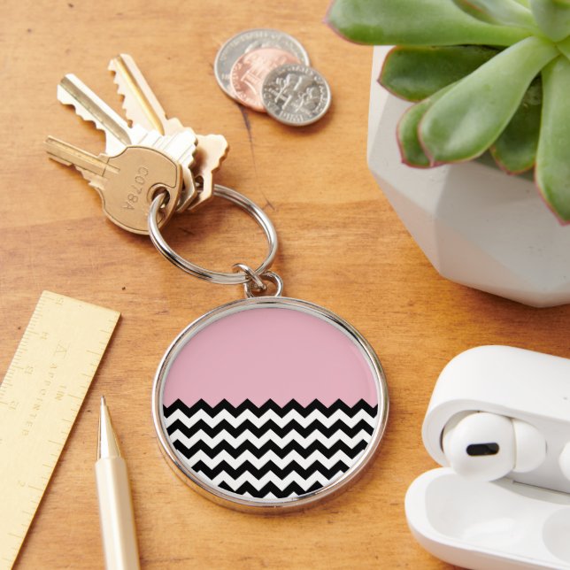 Porte-clés Motif Zigzag noir et blanc, Chevron, rose (Bureau)