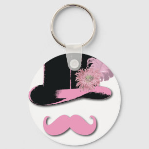 Porte-clés Moustache rose, chapeau supérieur, plumes et fleur