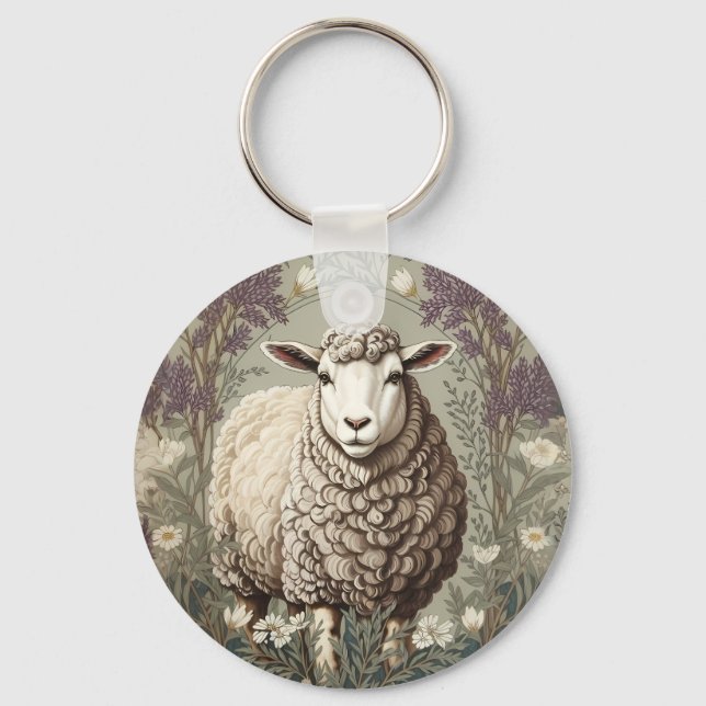Porte-clés Moutons Élégants Fond de Fleur de Lavande (Recto)