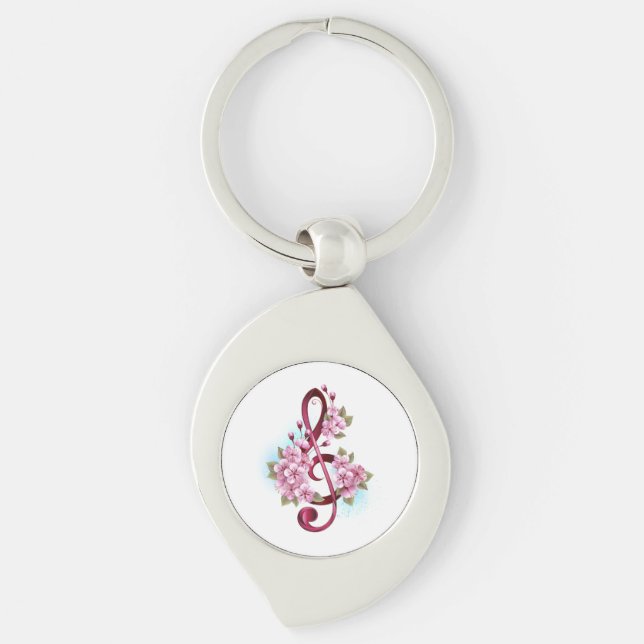 Porte-clés Musical treble clef notes with sakura flowers (Devant)