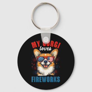 Porte-clés My Corgi aime les feux d'artifice 4 juillet chien
