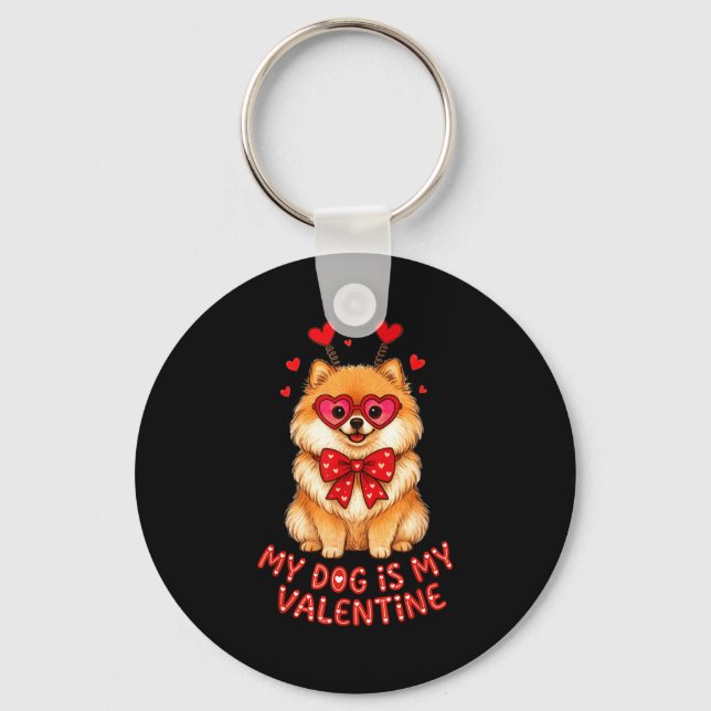 Porte-clés My Dog Is My Valentine Cute Meranian With Heart Gl (Recto)